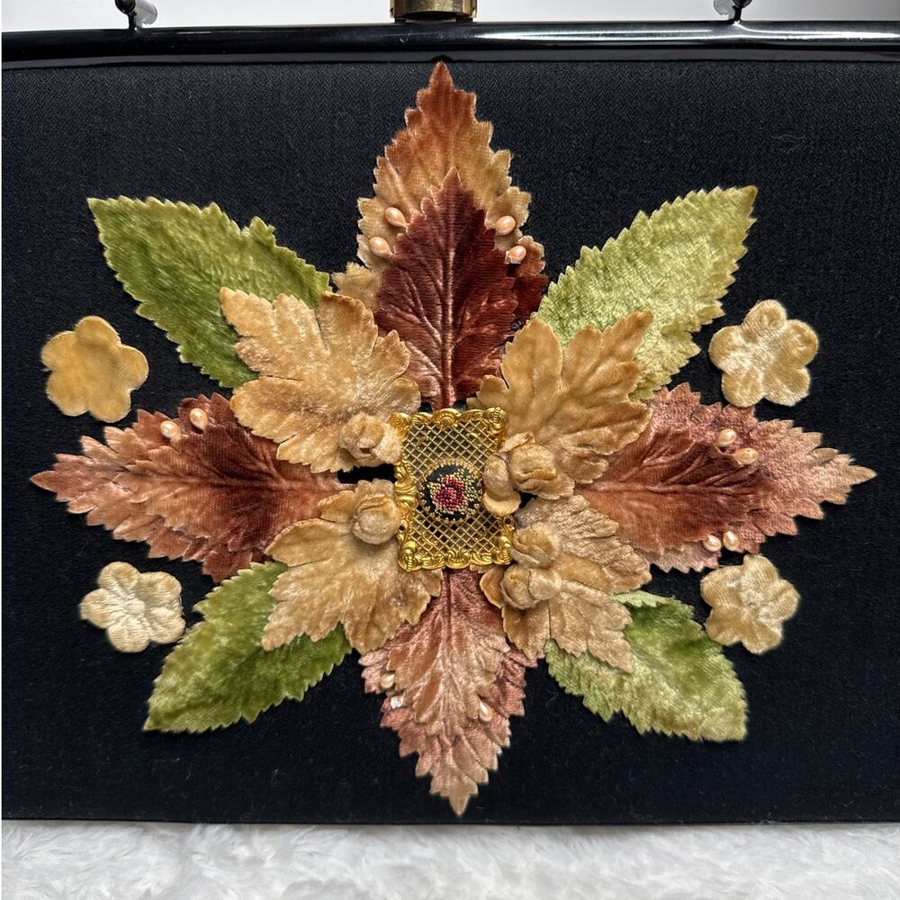 50's Caron of Houston hand decorated floral appliqué purse top handle kiss lock - Picture 7 of 12